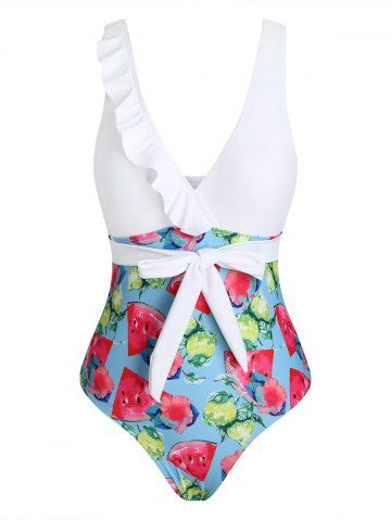 Floral Fruit Print Ruffle Waist Tie One-piece Swimsuit - WHITE - S