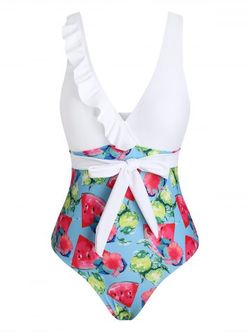 Floral Fruit Print Huffle Cintura Corbata traje de baño de una sola pieza - WHITE - S