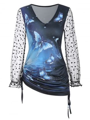 Side Cinched Ruched Butterfly Print Mesh Sleeves Top