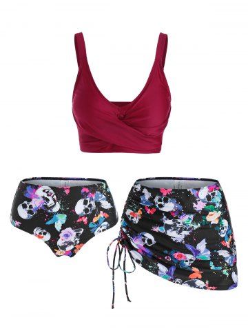 Skull Butterfly Flower Print Cinched Padded Three Piece Tankini Swimsuit - DEEP RED - M