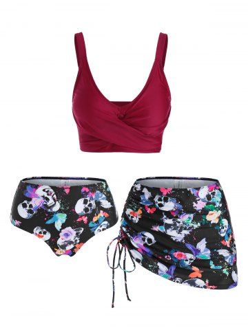 Skull Butterfly Flower Print Cinched Padded Three Piece Tankini Swimsuit - DEEP RED - XL