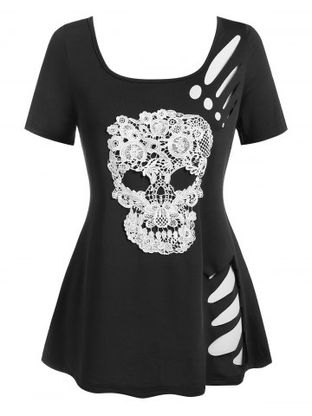 Plus Size & Curve Ripped Cutout Skull Lace T Shirt