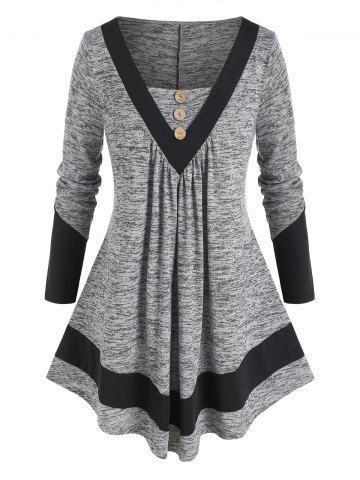 Plus Size Colorblock Pleated Button T Shirt