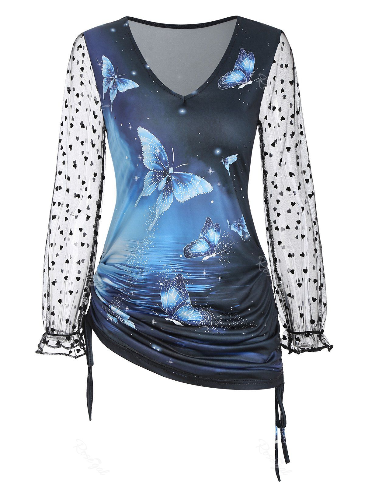 Hot Side Cinched Ruched Butterfly Print Mesh Sleeves Top  