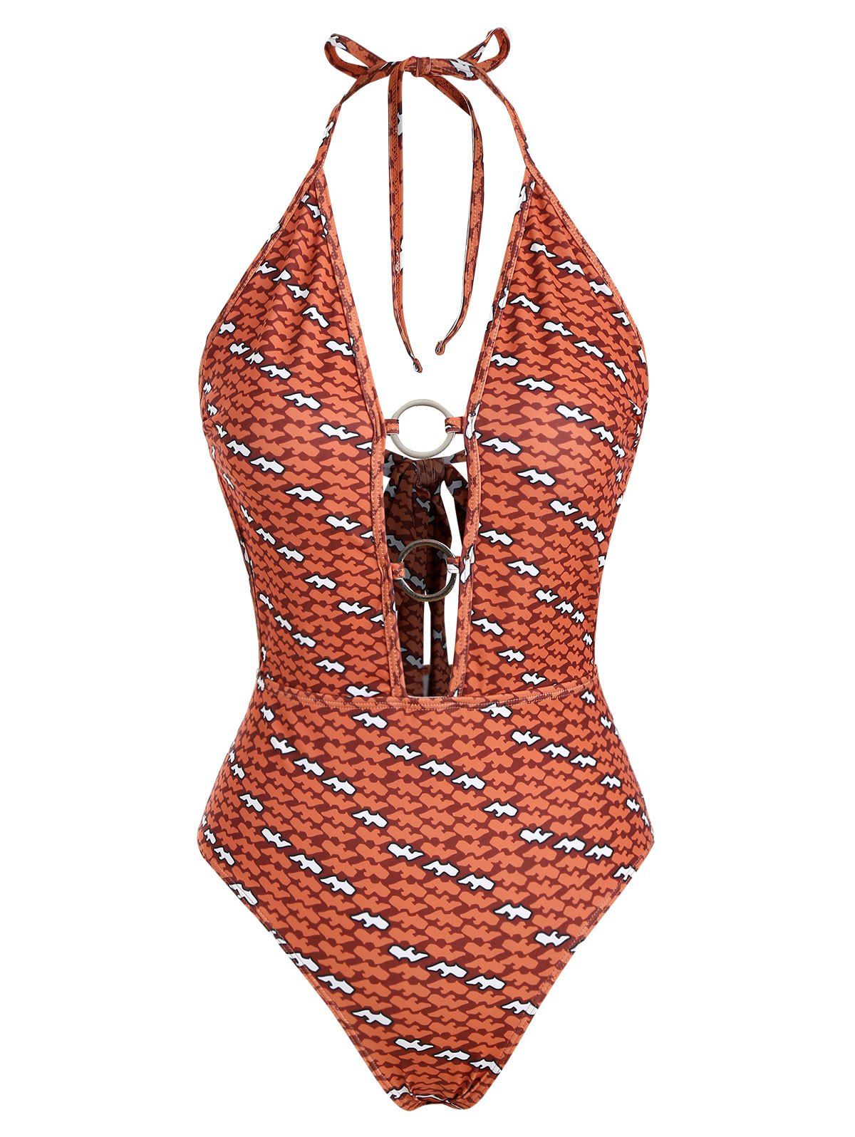 

Halter Printed O-ring Back Knot One-piece Swimsuit, Dark orange