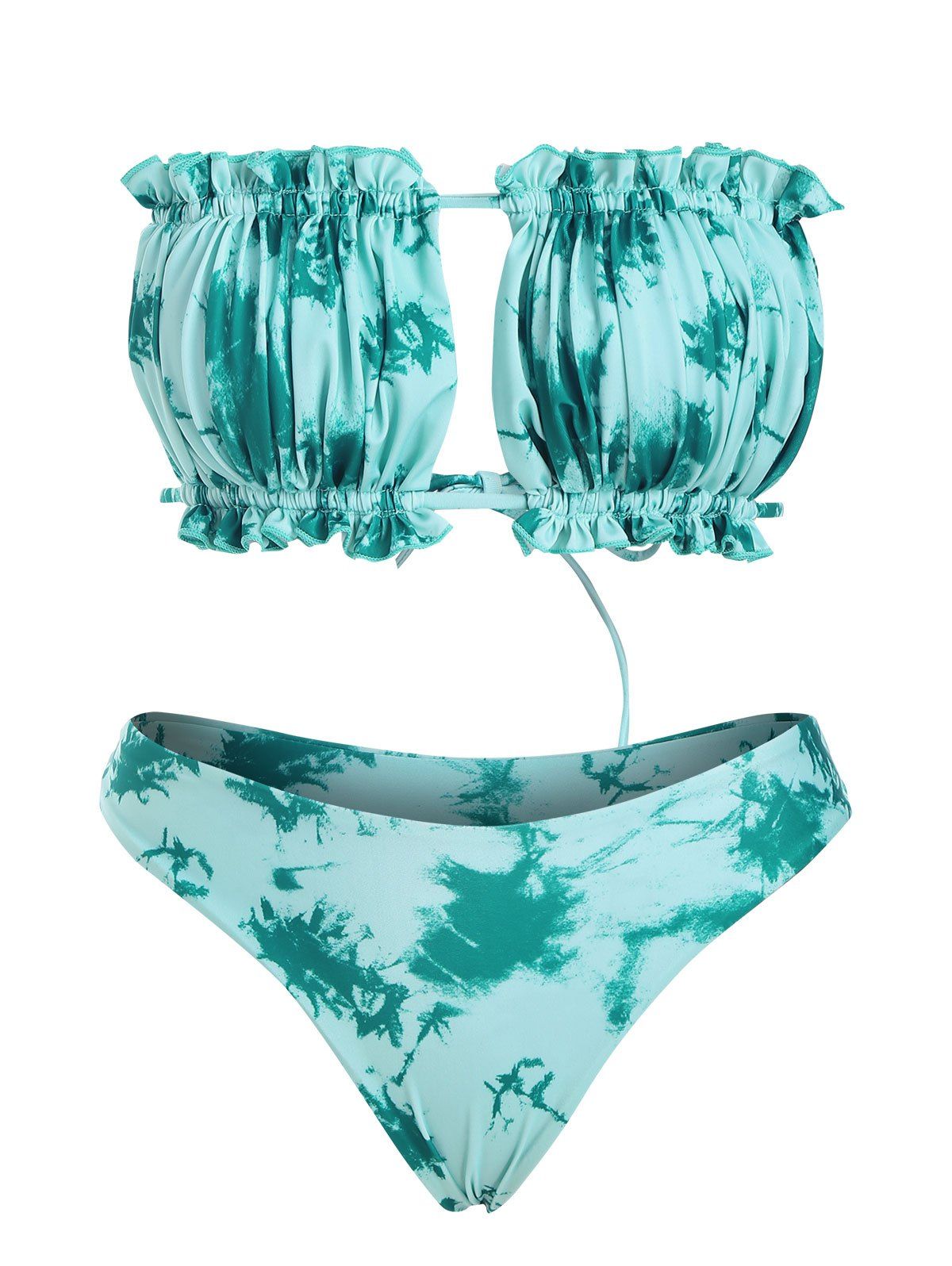 

Tie Dye Frilled Back Ties Bandeau Bikini Swimwear, Light blue