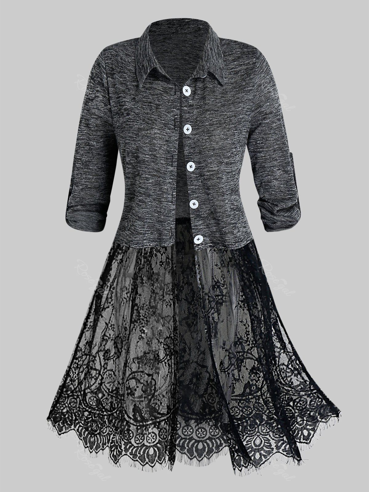 

Plus Size Lace Panel Roll Tab Sleeve Blouse, Black