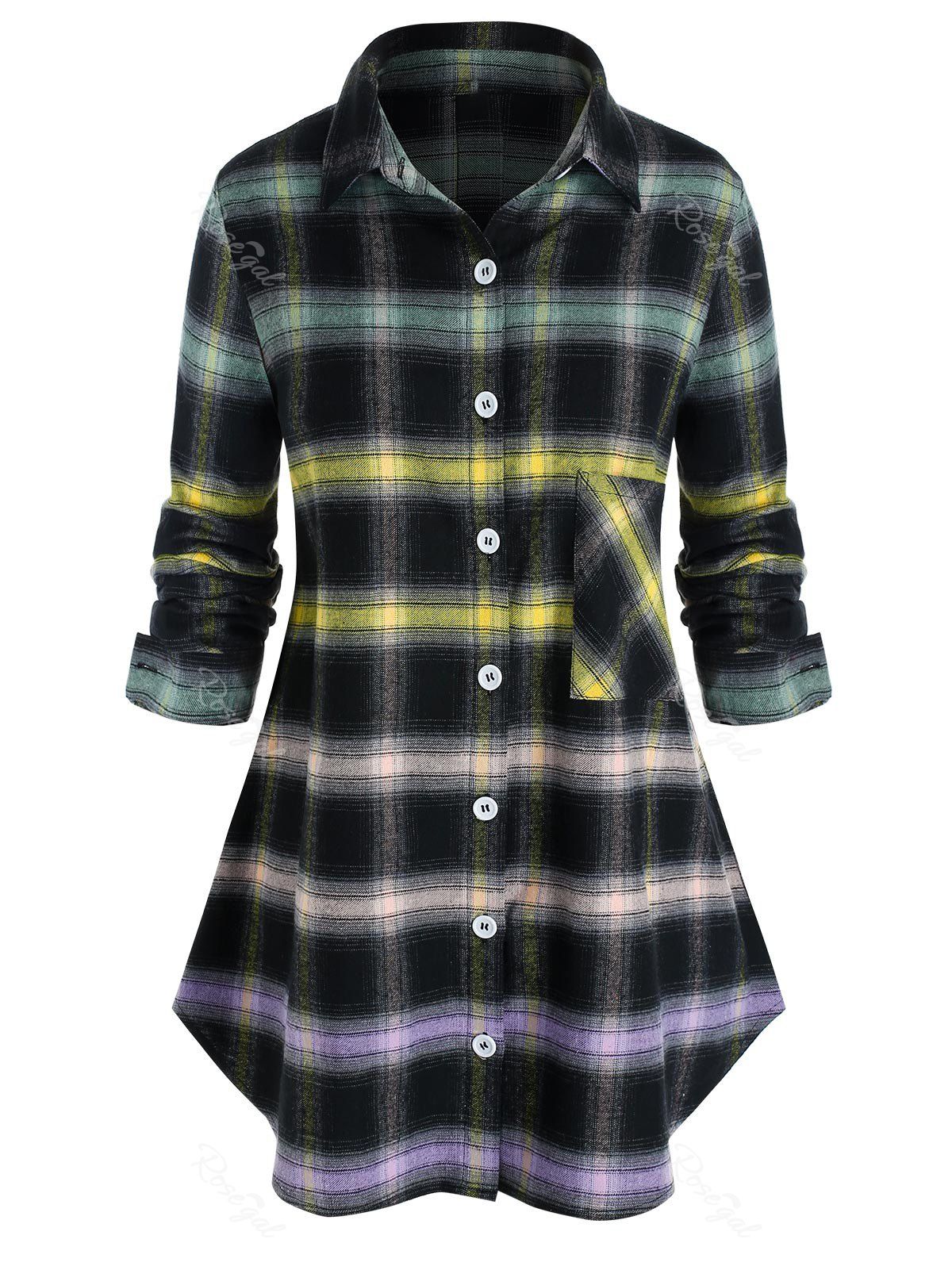 

Plus Size Plaid Curved Hem Button Up Tunic Shirt, Black