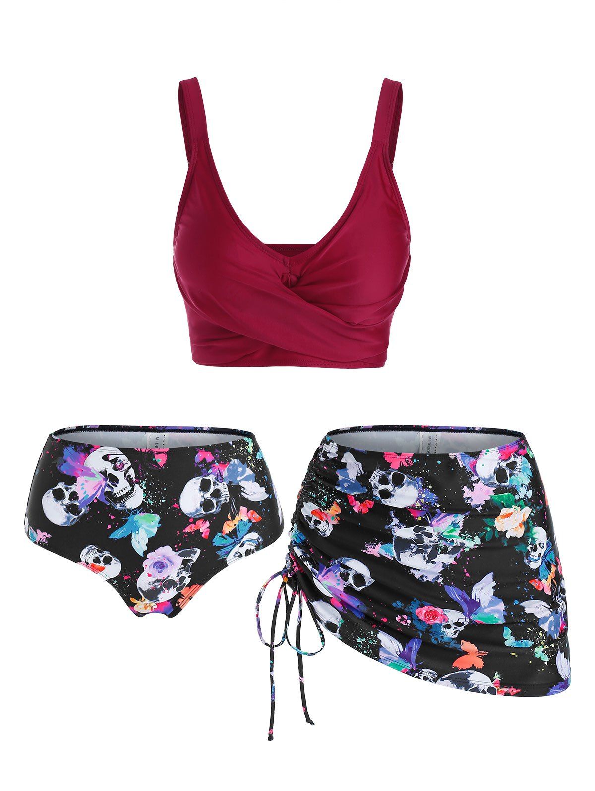 Maillot de Bain Tankini Sanglé à Imprimé Fleur Papillon Crâne Trois Pièces Rouge foncé L