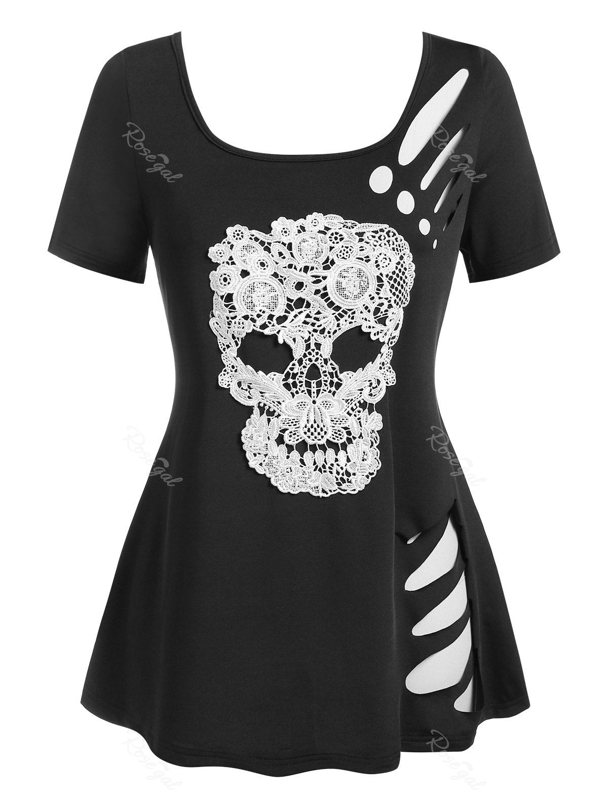 Hot Plus Size & Curve Ripped Cutout Skull Lace T Shirt  