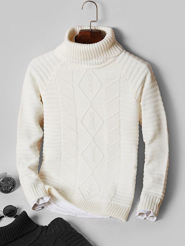 

Solid Turtleneck Cable Knit Sweater, White