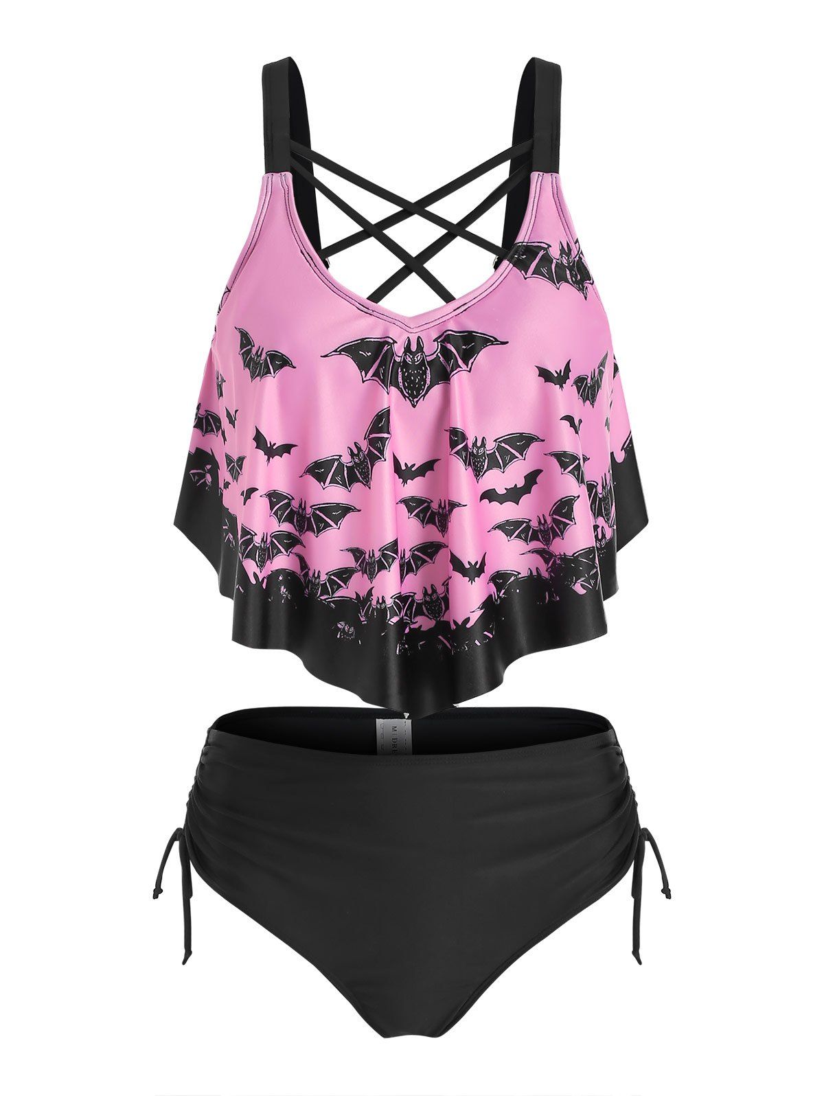 

Bat Print Strappy Cinched Padded Tankini Set, Light pink