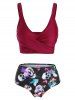 Maillot de Bain Tankini Sanglé à Imprimé Fleur Papillon Crâne Trois Pièces - Rouge foncé L
