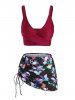 Maillot de Bain Tankini Sanglé à Imprimé Fleur Papillon Crâne Trois Pièces - Rouge foncé L