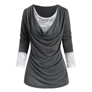 

Plus Size Cowl Front Lace Panel T Shirt, Light gray