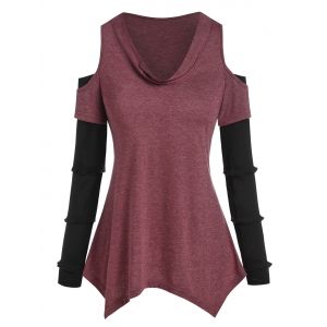 

Cold Shoulder Contrast Handkerchief T-shirt, Deep red