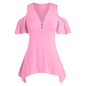 

Plus Size Half Zipper Cold Shoulder Handkerchief Tee, Light pink