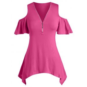 

Plus Size Half Zipper Cold Shoulder Handkerchief Tee, Red