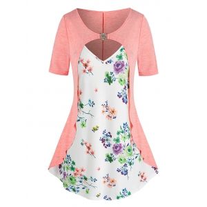 

Plus Size Flower Print Cutout D Rings 2 in 1 T Shirt, Light orange