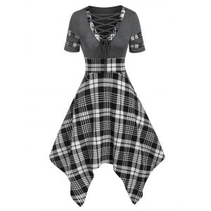 

Plaid Print Panel Lace Up Flare Dress, Gray