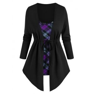 

Toggle Drawstring Plaid Print Faux Twinset Sweater, Black