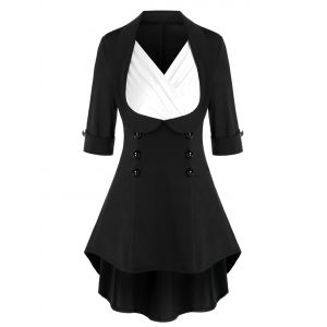 

Mock Button Contrast High Low Faux Twinset T-shirt, Black