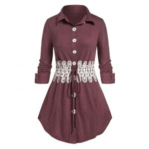 

Plus Size Buttons Lace Up Applique Blouse, Red wine