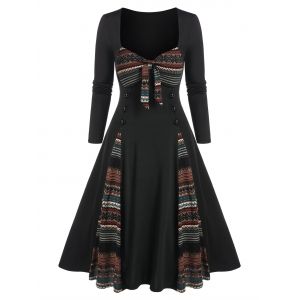 

Mock Button Tribal Print Midi Dress, Black