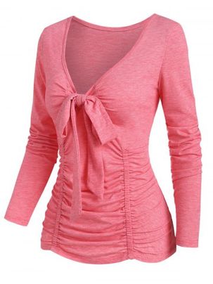 Plunging Bowknot Ruched T Shirt