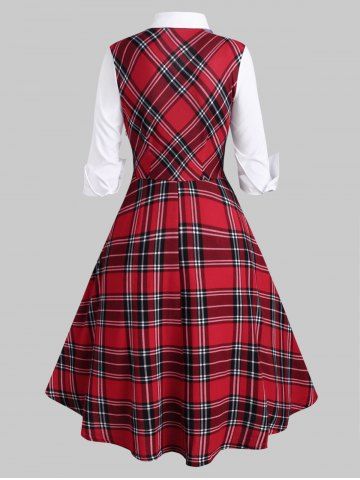 

Plaid Lace Up Half Button Bowknot Dress, Red