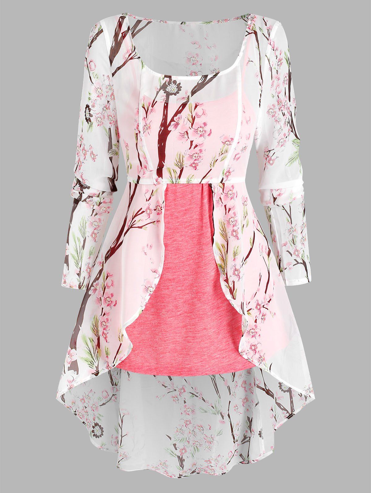 

Floral Print Lace-up High Low Chiffon Blouse and Heathered Tank Top, White