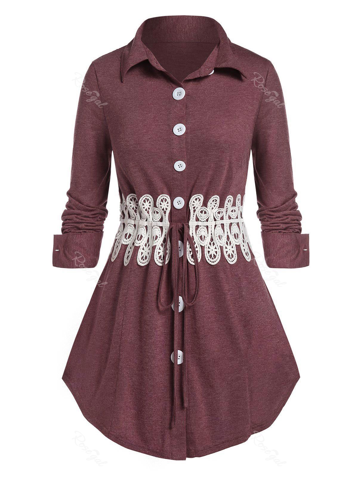 Fancy Plus Size Buttons Up Contrast Lace Drawstring Shirt  