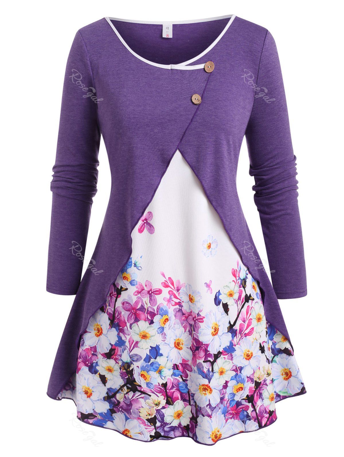 

Buttoned Overlap Front Floral Plus Size Top, Purple