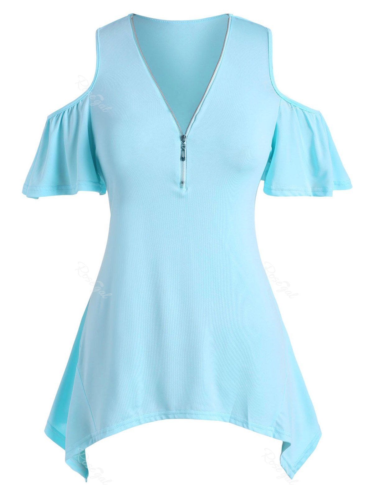 

Plus Size Half Zipper Cold Shoulder Handkerchief Tee, Light blue