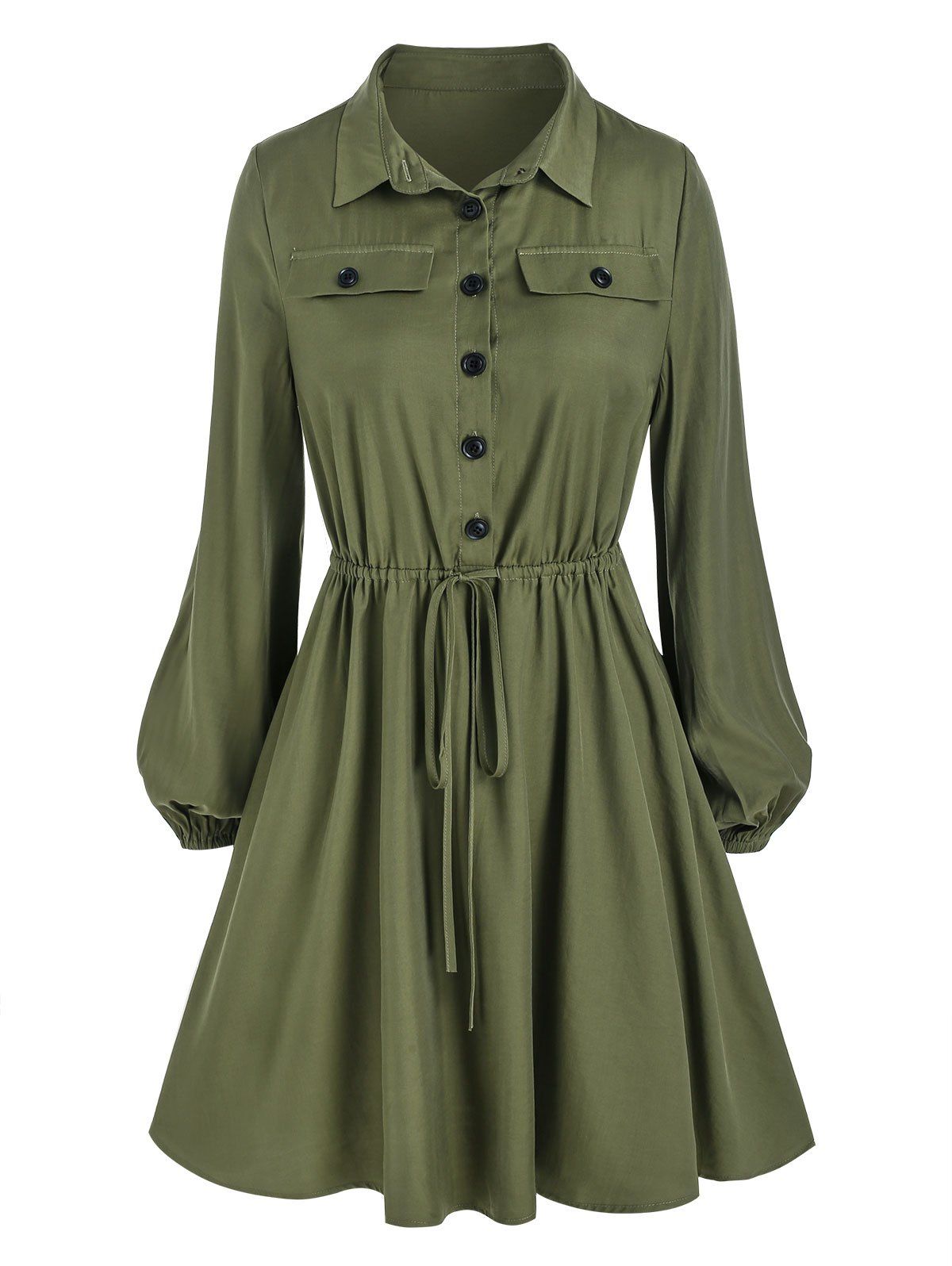 

Drawstring Half Button Mini Dress, Deep green