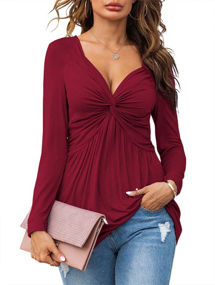 

Ruched Twist Front Long Sleeve Top, Deep red