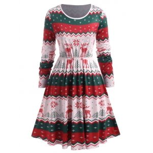 

Plus Size Christmas Snowflake Elk Print Dress, White