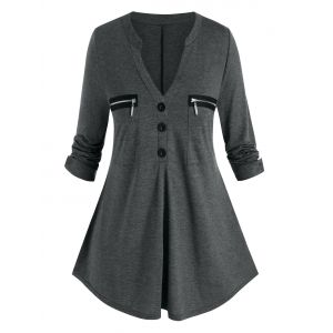 

Plus Size Zip Pocket Mock Button V Notched Top, Gray