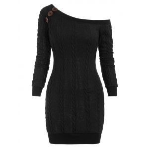

Cable Knit Skew Neck Sweater Dress, Black