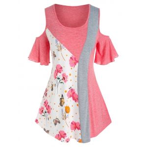 

Plus Size Floral Cold Shoulder Colorblock T Shirt, Multi