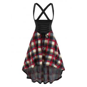 

Crisscross Lace Up Plaid High Low Suspender Skirt, Black