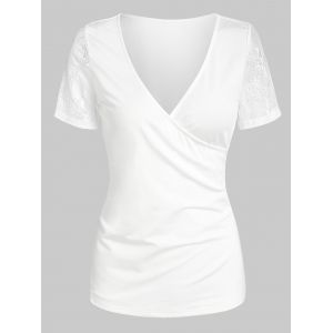

Lace Insert Surplice Plain T-shirt, White