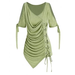 

Cold Shoulder Lace-up Asymmetrical Ruched T-shirt, Light green