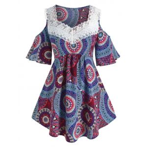 

Plus Size Bohemian Cold Shoulder Guipure Insert Blouse, Multi