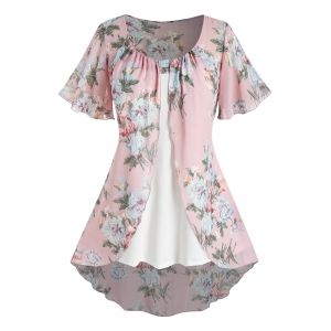 

Plus Size Flower Print Split Front Longline Top, Light pink