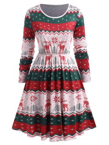 Plus Size Christmas Snowflake Elk Print Dress - WHITE - 1X