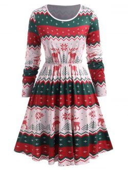 Plus Size Christmas Snowflake Elk Print Dress - WHITE - 3X