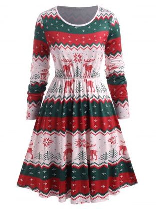 Plus Size Christmas Snowflake Elk Print Dress