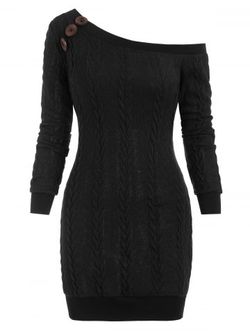 Cable Knit Skew Neck Sweater Dress - BLACK - S