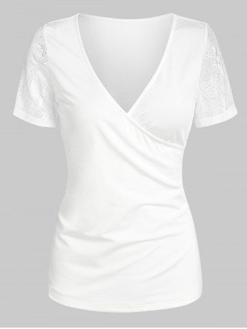 Camiseta lisa de excedentes de inserción de encaje - WHITE - XXXL